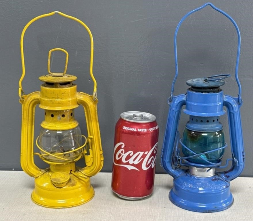 Yellow and Blue Metal Oil Lanterns
