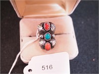 Unmarked silver ring with turquoise and coral,