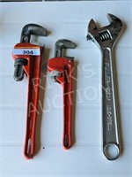 2 pipe wrenches & crescent wrench