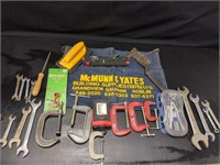 Shop apron, wire brush, clamps, wrenches etc