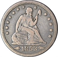 1853 ARROWS RAYS SEATED QUARTER - FINE, CLEANED