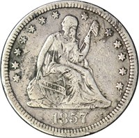 1857 SEATED LIBERTY QUARTER - VF DETAILS,