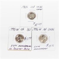 UNCIRCULATED 1965 SMS DIME and (2) 1996-W DIMES