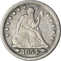 1854 SEATED LIBERTY QUARTER - VF, CLEANED