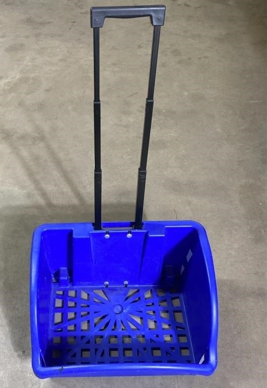 Blue utility cart on two wheels with adjustable
