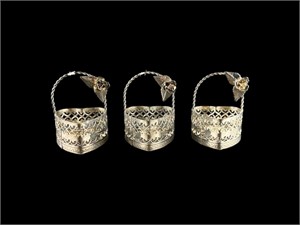 (3) Vintage Silverplate Heart Baskets w/ Roses
