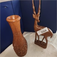 Vintage Wood  Vase & Wooden Carved Oryx Wood