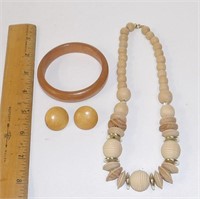 Wood Necklace, Bangle Bracelet & Clip Earrings