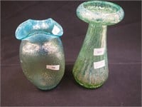 Two Dugan Glass vases: 6" tri-cornered Green