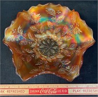 SWEET 1930'S PATTERNED CARNIVAL GLASS RUFFLED DISH