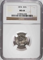 1874 THREE CENT NICKEL NGC MS 64