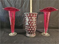 Mosaic Vase & (2) Red Bubble Vases
