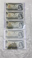 5 banknotes - 1973 Canada One Dollar