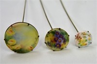 Three Hand-painted Floral Hatpins