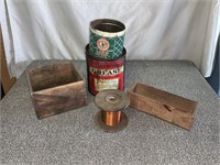 Antique tins, boxes, GE copper wire