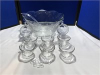 Clear Glass Floral Punch Bowl  w/ Cups & Hangers