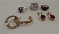 (3) Sterling silver rings and (2) Pairs sterling