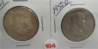 (2) Franklin Silver Half Dollars. Dates: 1951,
