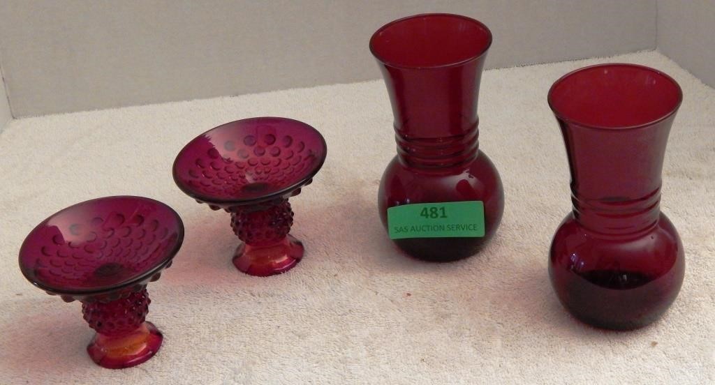 Red glass: 2 vases, 2 Fenton ruby red hobnail