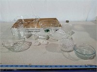 Glass bowls, serving pieces and flask