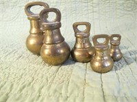 5 PIECE EARLY BRASS SCALE WEIGHTS 2IB 1IB