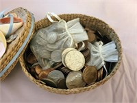 COVERED BASKET OF COINS: (3) 1964 KENNEDY HALVES,