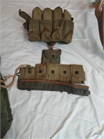 Military canvas bag, ammo holders, wool blanket