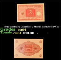 1920 Germany (Weimar) 2 Marks Banknote P# 59 Grade