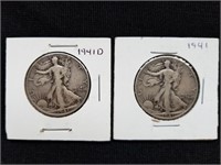 2 Walking Liberty Halves 1941 & 1941 D Silver