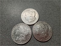 X3 1883 1883O and 1885O Morgan silver dollars
