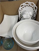 White Mixing Bowls , Pig Pitcher , Vintage Tray ,