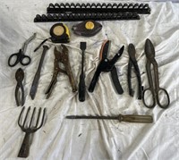 Frog gig, scissors, measuring tools, vice grips
