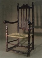 18THC. BANNISTER BACK ARM CHAIR
