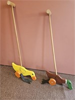 TWO VINTAGE WOODEN DUCK PUSH TOYS 28"