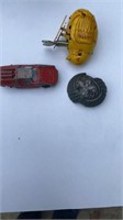 Vtg kerchief slide, tin windup toy, & Tootsie car