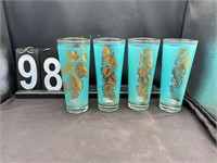 4 MCM Turquoise W/Gold Inlay Hi-Ball Glasses