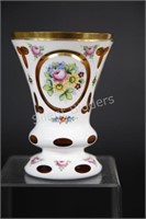 Vintage Bohemian Cut Glass Enamel Painted Vase