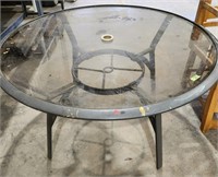 Round glass top patio table 45"D & 4 wood chairs