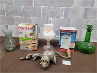 Kitchen items, meat grinder, vintage glass