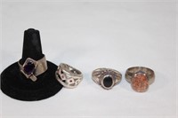 Lot of Sterling Silver Rings - Onyx, Ruby, Amethy