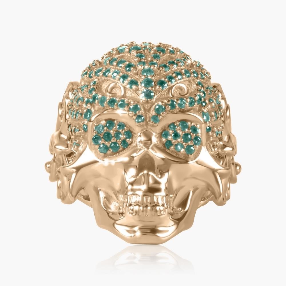 14K YELLOW GOLD 1.50CT EMERALD SKULL RING