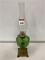 Green Glass Kerosene Lamp with Cast Iron Base -