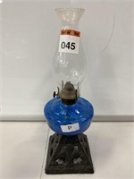 Blue Glass Kerosene Lamp with Cast Iron Base -