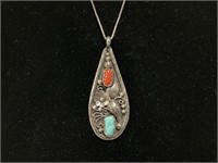 Sterling Turquoise, Coral Necklace by Lee 14.5gr