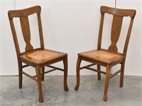 (2) Antique Oak T Back Cane Seat Chairs