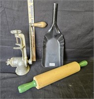 Antique Meat Grinder, Rolling Pin & Ash Scoop