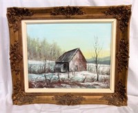 Original Oil on Canvas of Wooden Barn in Gilded Fr