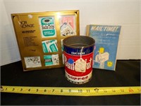 3 vintage goods wipes, coffee can, mail flap