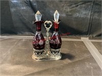 Vtg Ruby Red Oil & Vinegar Cruet Set