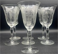 7pc. Floral Etched Hand-blown Wine Glasses